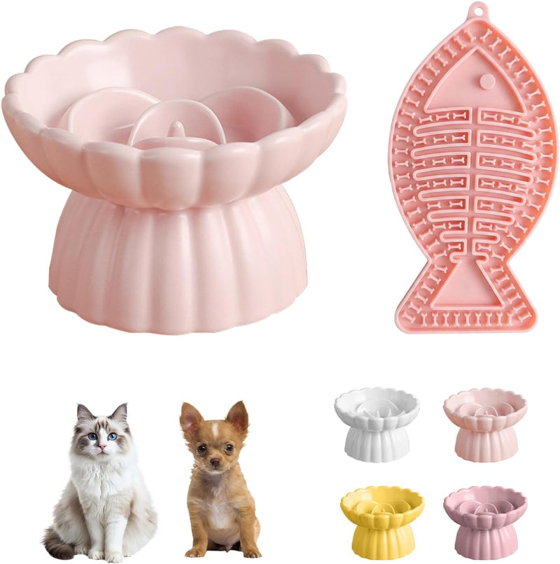 Ceramic Raised Slow Feeder Cat Bowl with Lick Mat, for Indoor Cats and Small Dogs Like Chihuahua, French Bulldog, Poodle,Anti Vomiting for Dry and Wet Food-Pink Bowl+Lick Mat