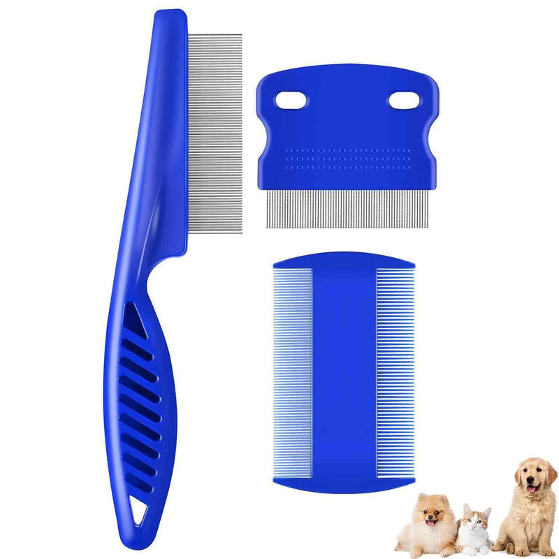 3 Pack Dog Grooming Comb, Flea Lice Pet Combs, Stainless Steel Cat Combs with Rounded Teeth, Double Sided Professional T