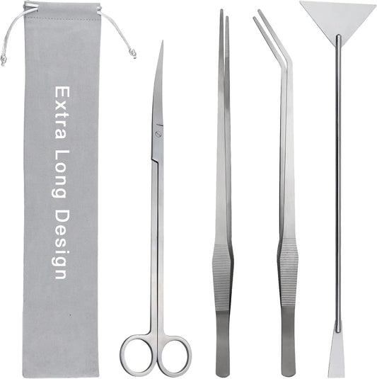 Aquarium Aquascape Tools Kit, Long 15 Inch Stainless Steel Aquatic Plants Tools, 4 in 1 Anti-Rust Aquascaping Tweezers S