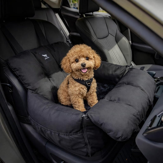 JACKO & CO Premium Dog Car Seat – Safe & Cozy Travel Bed Carrier for Small Dogs, Puppies, Cats, Pets, Clip-On Leash, Storage Pockets, Water-Resistant, Machine Wash (Black, Removable - Small (1-25lbs)