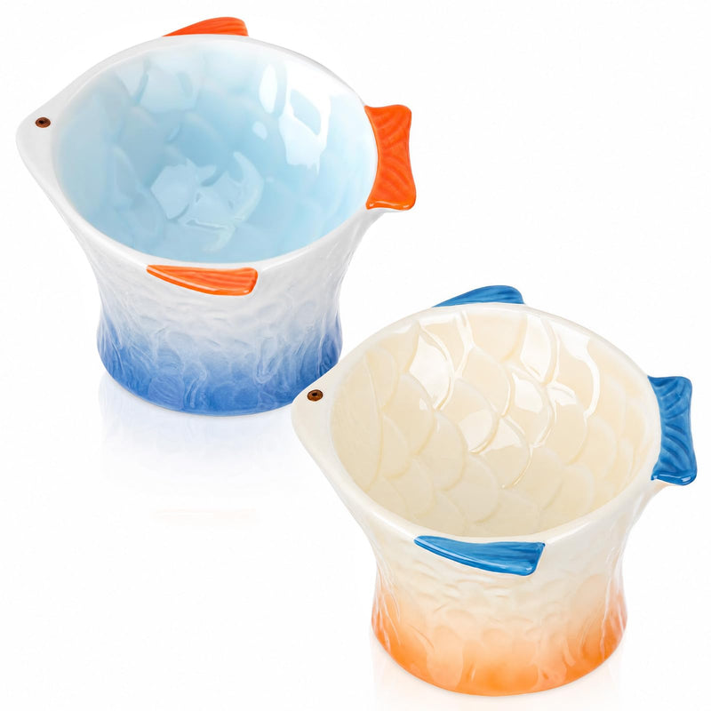 Tioncy 2 Pcs Raised Tilted Ceramic Cat Food Bowl Fish Shape Cute Elevated Slanted Shallow Angled Cat Dish Non Slip Feeder Bowl for Anti-Vomiting and Fatigue (Blue,Orange)