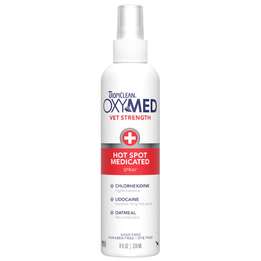 OxyMed Hot Spot Spray for Dogs, Skin Comfort Grooming Spray with Chlorhexidine, Lidocaine & Oatmeal, Fragrance Free, 8oz