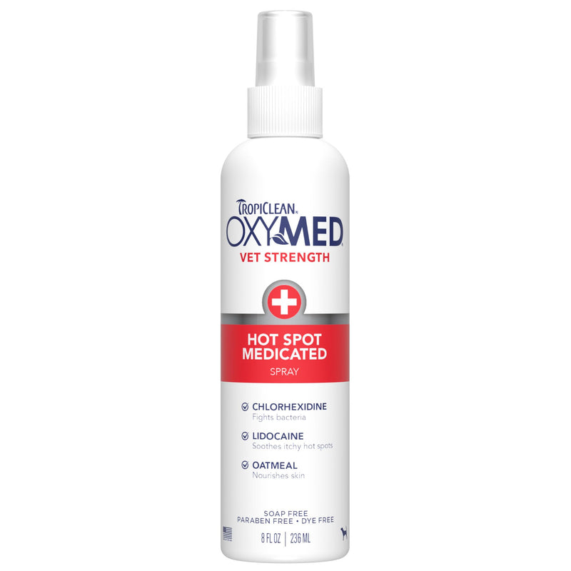 OxyMed Hot Spot Spray for Dogs, Skin Comfort Grooming Spray with Chlorhexidine, Lidocaine & Oatmeal, Fragrance Free, 8oz