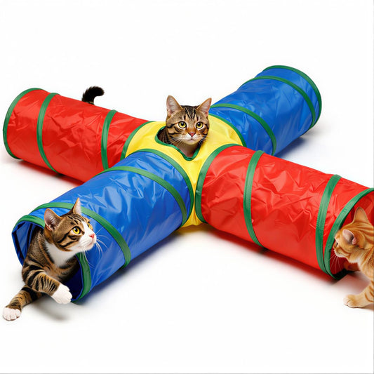 Dr. Fluffyyes Cat Toys - 4-Way Tunnel for Indoor Cats with Peek Hole & 2 Mice - Large Foldable Rainbow Tube with Hanging Ball for Kittens, Rabbits, Small Dogs - Ideal Cat Toy