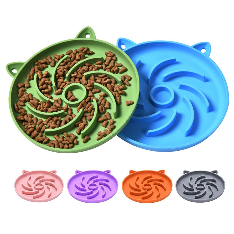 2Pcs Silicone Slow Feeder Cat Bowl,Puzzle Feeder,Interactive Toys,Slow Feeding cat Bowl Suitable for All Dry and Wet Foods,Easy to Clean Silicone Bowls (Green and Blue)