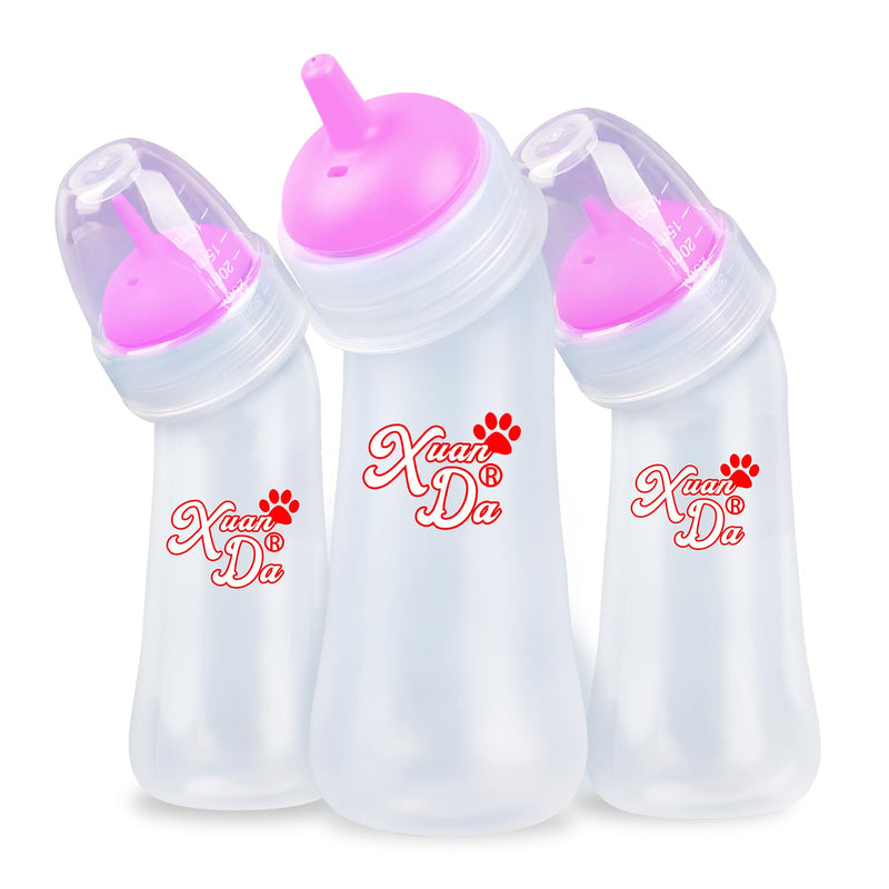 Xuanda Pet Feeding Bottle,3 Pack Wide Mouth Angled Nursing Bottle, 3 Sizes Nipples with Ventilation Valve Resistant Tearing Perfect for Puppies, Kittens, Small Wildlife(Pink)