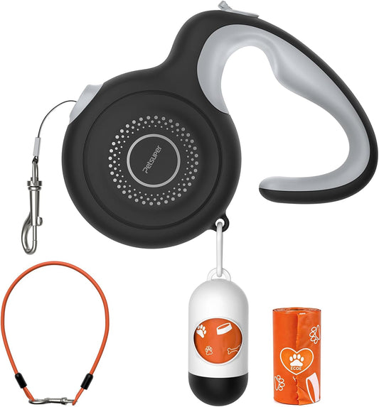16Ft Retractable Dog Leash with Chew-Proof Steel Cable, 360° Tangle-Free, Built-in Poop Bag Dispenser, Ergonomic Comfort