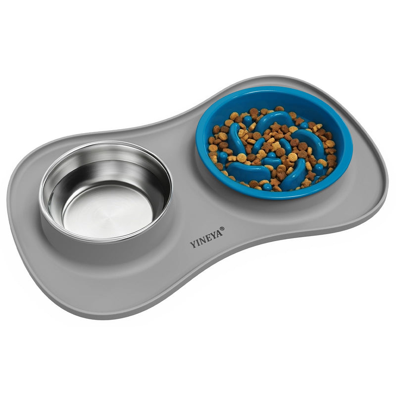YINEYA 3 in 1 Slow Feeder Dog Bowls & Stainless Steel Food and Water Bowl with Non-Spill Dog Bowl Mat, Anti-Choking Puppy Bowls, Floor Safe & Easy Clean for Large Medium Small Dogs Cats