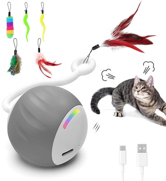 2.36 Inches Large Cat Toys Ball - Won’t Get Stuck, [Newly Upgraded] Sound & Motion-Activated, 2 Speed Fast/Slow Settings Automatic Interactive Cat Toy for Indoor Cats with 5 Tails Rechargeable - Gray