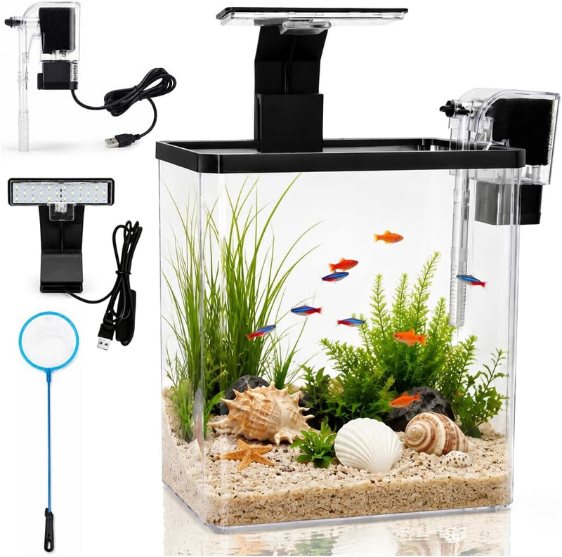 1.5 Gallon Aquarium Small Fish Tank Starter Kit with Filtration & LED Light & Fishing Net for Betta Shrimp Guppy Goldfis