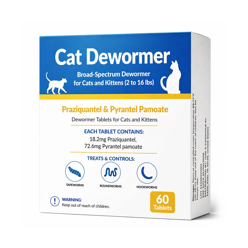 Broad Spectrum Cat & Kitten Dewormer – Praziquantel & Pyrantel Pamoate for Tapeworms, Roundworms & Hookworms (60 Tablets)