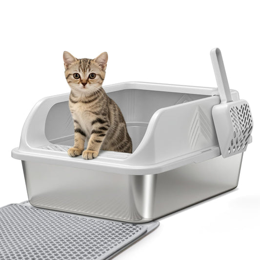 Stainless Steel Litter Box, Enclosed Metal Cat Litter Box with High Sides Lid for Small Cats,High Sided, Anti-Urine Leakage, Non-Stick Bottom & Includes Litter Mat & Cat Litter Scoop