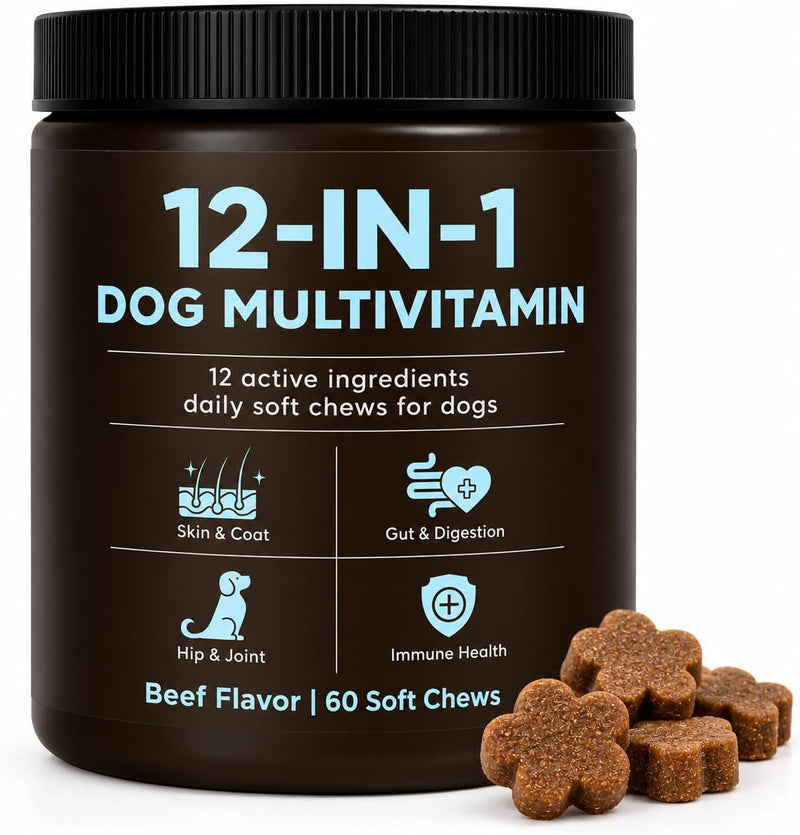 12-in-1 Dog Multivitamin Soft Chews, Daily Multivitamin for Dogs, Skin & Coat, Gut, Hip & Joint & Immune Support, Beef F