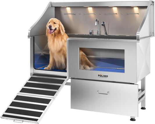 POLIMO Dog Washing Station with LED Display 61" (Left Ramp), 304 Stainless Steel Dog Bathtub for Large, Medium & Small Dogs, Professional Grooming Tub with Faucet, Storage Drawer, Floor Grate, Window