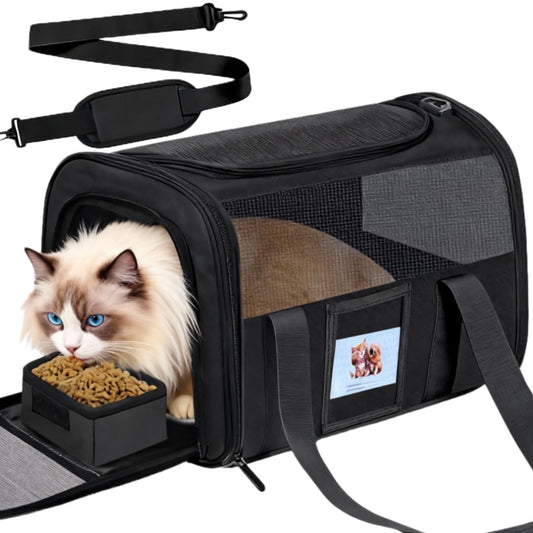 Soft Cat Carrier for Pets Up to 25 lbs, Cat Pet Travel Bag with Padded Shoulder Strap and Detachable Cat Food Bowl, Pet Dog Carriers for Small Dogs and Puppies, Travel Carry, Black