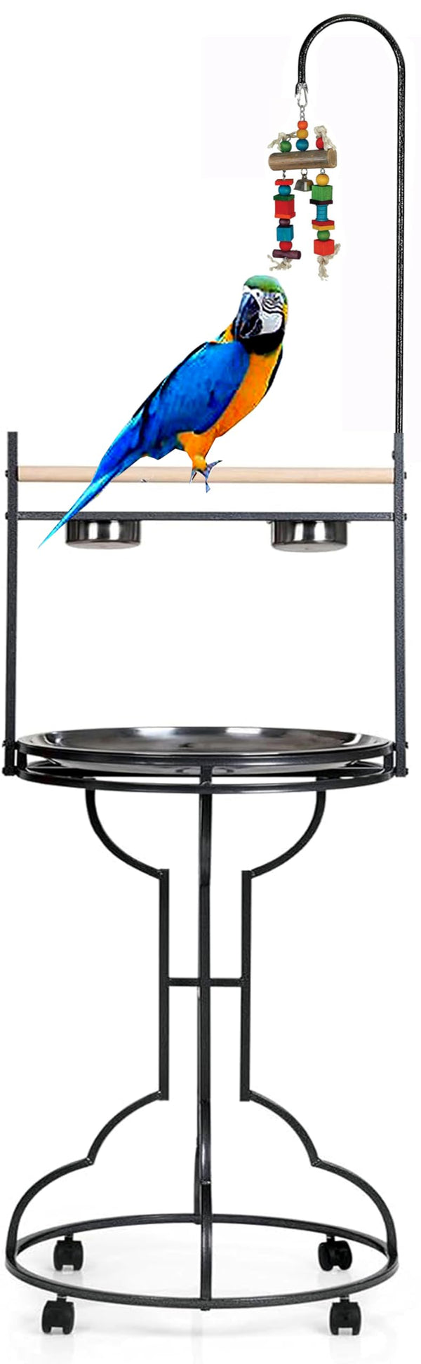 Elegant and Durable Wrought Iron Parrot Bird Play Perch Sturdy 4-Leg Rolling Stand Perch Gym Ground with Removable No Rust Stainless Steel Tray and Feed Cups Toy Hook