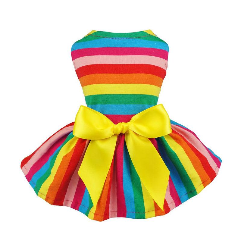 Fitwarm Rainbow Striped Dog Dress, Summer Dog Clothes for Small Dogs Girl, Pet Cat Outfit, 100% Breathable Cotton, Red Yellow Blue, Small