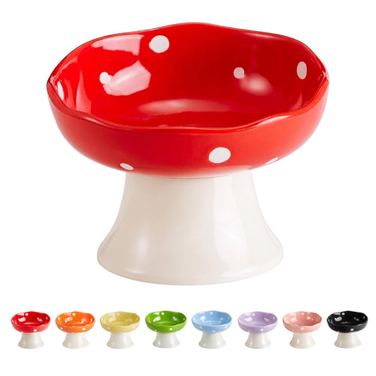Ceramic Elevated Mushroom Cat Bowls, Tilted Raised Pet Dish Anti Vomit Kitten Bowl for Indoor Cats, Whisker Friendly Pet Food and Water Bowl for Kitten, Cat, Puppies, Dishwasher Safe (Red)