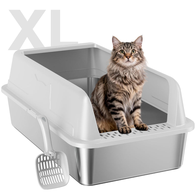 OneBug Stainless Steel XL Cat Litter Box for Cats, High-Sided Design Prevents Urine Leakage, Non-Stick, Easy to Clean, Includes Scoop, Gray