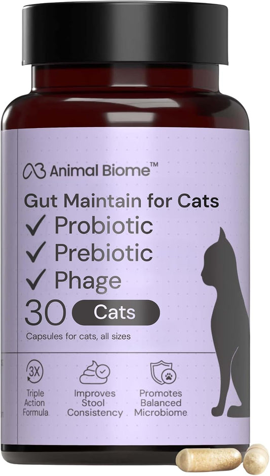 AnimalBiome NEW Probiotics for Cats with S Boulardii (30 Capsules) KittyBiome - Gut Maintain Triple-Action Phage, Prebiotics & Probiotic Cat Supplements for Digestive Health, Open for Easy Food Topper