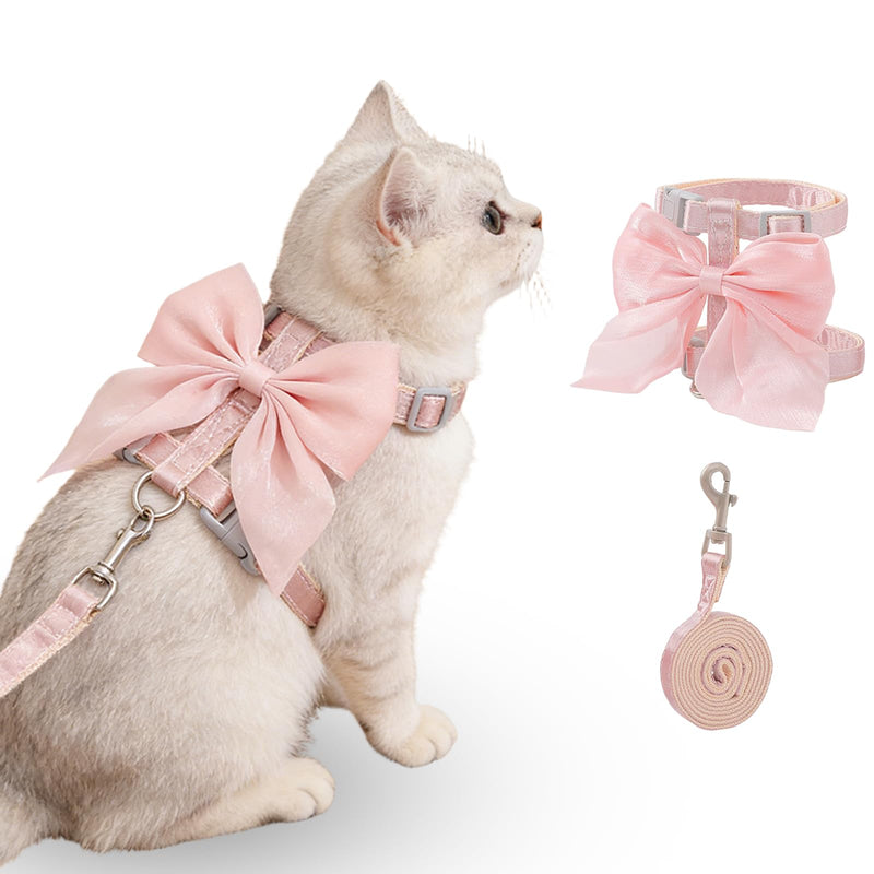 Tensho Pink Bow Cat Harness and Leash Set Escape Proof, Adjustable Kitten Harness with Leash, Bow Tie Cat Harness for Walking Outdoor - Soft Lightweight Harness for Small Dogs Cats Rabbits (S)