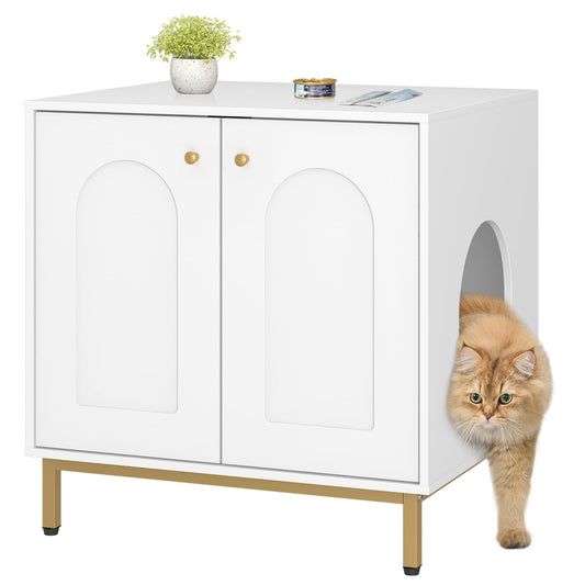 Hzuaneri Cat Litter Box Enclosure, Hidden Litter Box Furniture Cabinet, Wooden Indoor Cat House, Side End Table, Living Room, Bedroom, White and Gold CB81203G