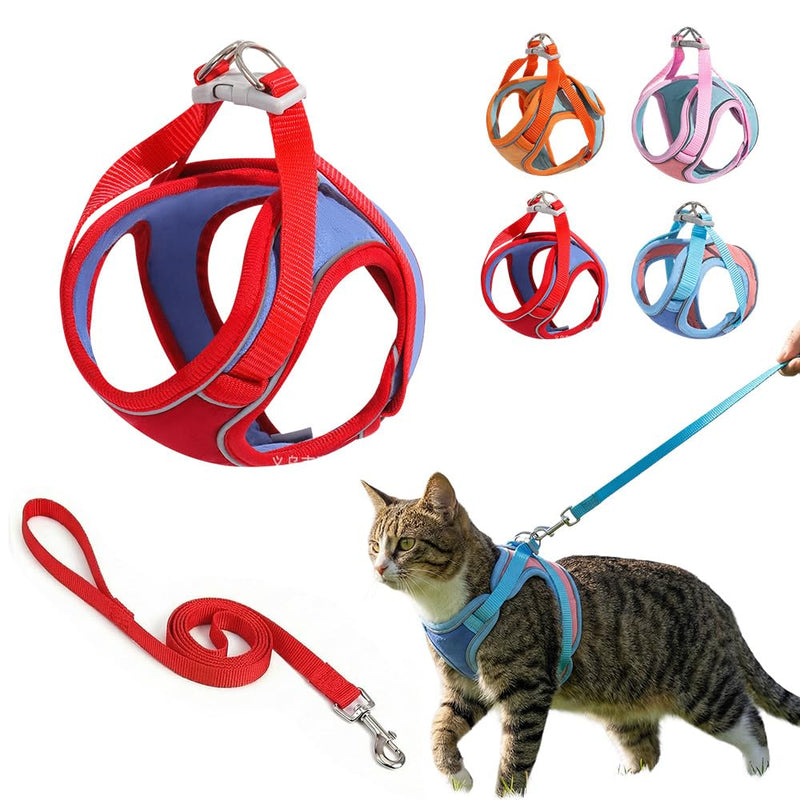 Cat Harness and Leash, Adjustable Step-in Pet Harness for Walking for Small Medium Dogs/Cats, Escape-Proof Cat Harness Set (Red, M (for 4.4-8.8 IB))