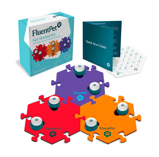 FluentPet Speak Up! Get Started Kit with Clearer Upward-Facing Sound | 6 Recordable Buttons w/Pre-Installed Batteries & 3 HexTile Button Mats | Training Dog & Cat Communication Buttons