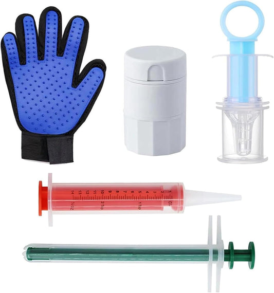 5-in-1 Pet Pill Shooter Kit for Cats Dogs, Pill Gun Dispenser with Liquid Syringe, Pill Cutter Grinder, Anti-Choke Feede