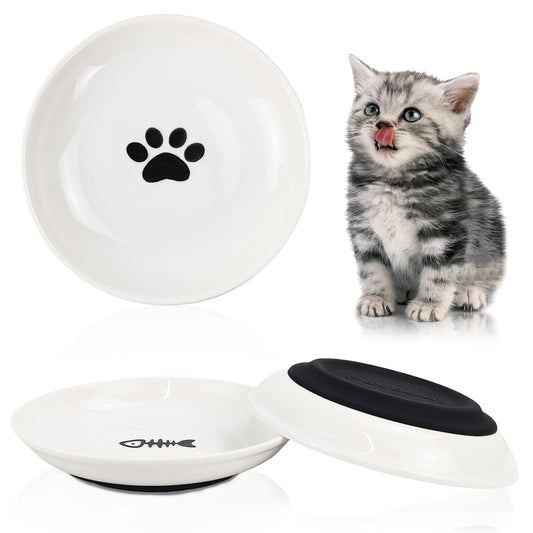 3-Pack Ceramic Cat Food Bowls, Wide Shallow Dish & Anti-Whisker Fatigue, Nonslip Silicone Base for Indoor Cats & Kittens, for Wet/Dry Food & Water