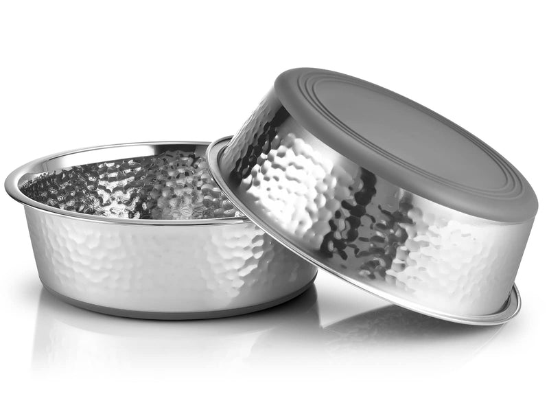 URBUDDIES 2 Pack Hammered Stainless Steel Cat Bowls, Premium Metal Cat Bowls with Non Slip Rubber Bottom, Dishwasher Safe, Easy to Clean, 2 Cup, Gray Bottom