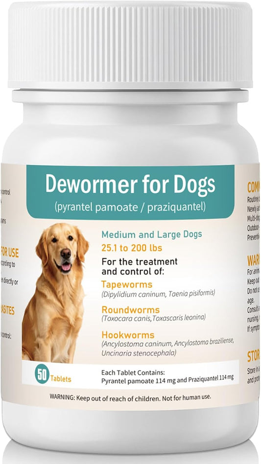 Dewormer for Dogs, Broad-Spectrum Dog Dewormer for Tapeworms, Roundworms & Hookworms, Medium and Large Dogs 25.1–200 lbs