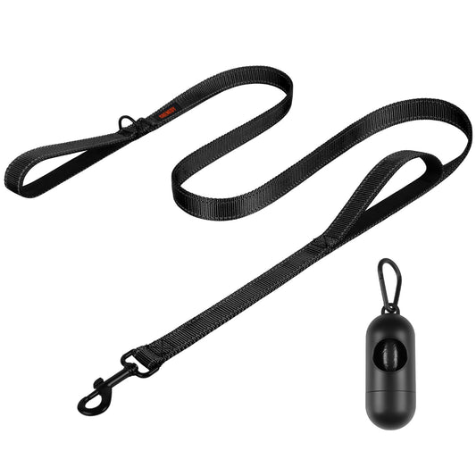 Heavy Duty Dog Leash with 2 Handles - 6ft Reflective Anti-Pull Leash for Large Dogs, Padded Traffic Handle for Control, Durable Nylon Training Lead (Black)