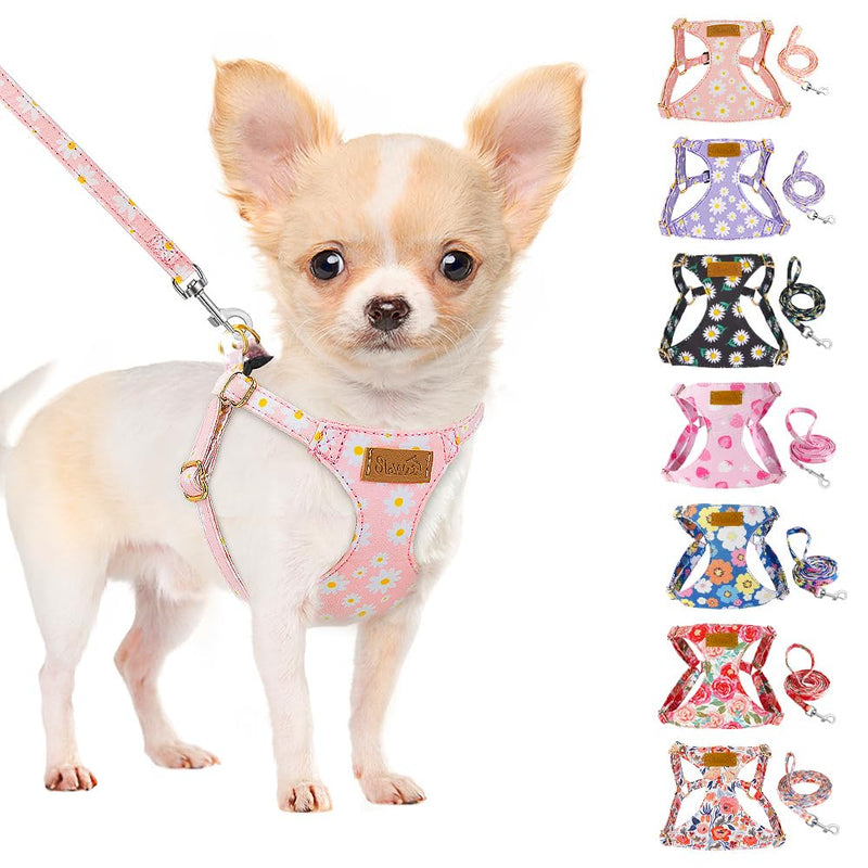 SlowTon No Pull Dog Harness with Leash - Soft Lightweight Floral Pattern Puppy Harness, Adjustable Pet Harness for Small Medium Dogs (Pink Daisy XXS)