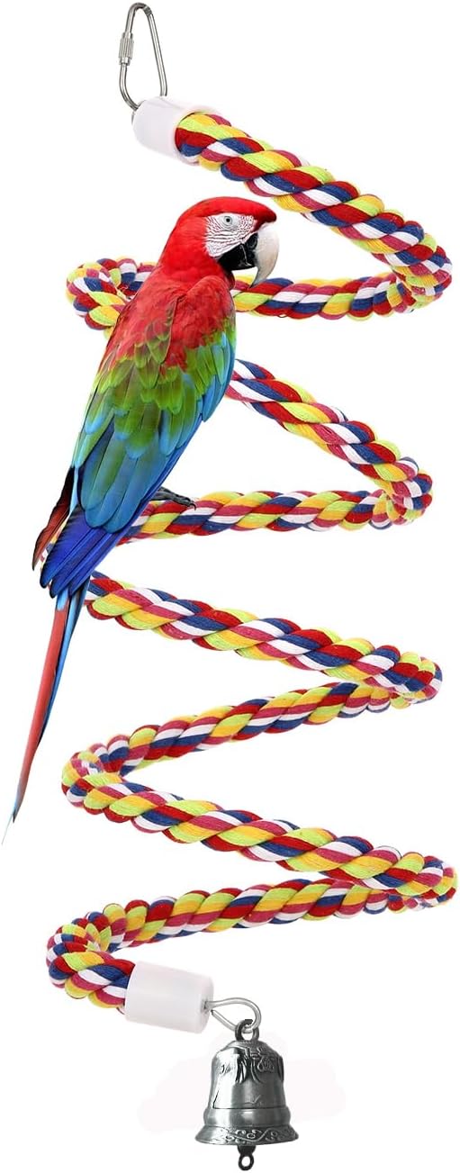 63'' Bird Rope Perches Birdcage Swing Toys 100% Cotton Natural Bird Perch Peck/Chewing with Vintage Bell Climbing Standing Bungee Parrot Toys for Small to Regular Size Parrot Cockatiel Birds