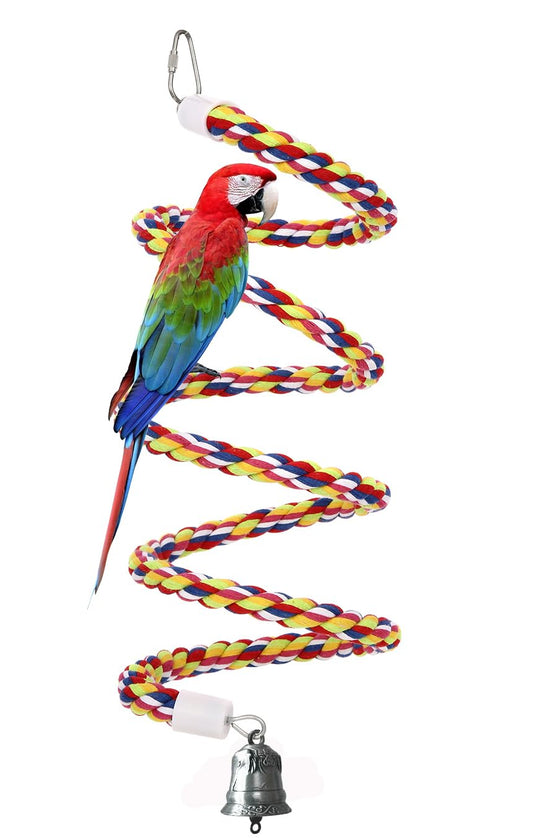 63'' Bird Rope Perches Birdcage Swing Toys 100% Cotton Natural Bird Perch Peck/Chewing with Vintage Bell Climbing Standing Bungee Parrot Toys for Small to Regular Size Parrot Cockatiel Birds
