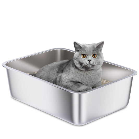 Holintan Stainless Steel Litter Box, 18"x14"x6"(Height) Medium Metal Cat Litter Box Easy Clean, Non Stick Litterbox No Smell for Cats or Kitty, Rabbits