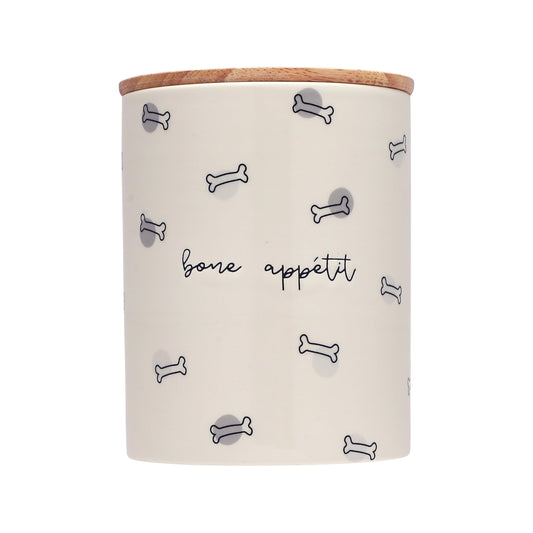 Pearhead Bone Appétit Ceramic Dog Treat Jar with Airtight Wooden Lid – Cute & Stylish Pet Treat Canister Keeps Dog Snacks Fresh – Durable, Easy-to-Clean Design, Kitchen Counter Décor, 4 Cup / 32 oz