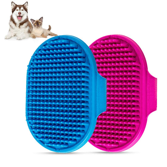Aoche Dog Bath Brush Pet Bath Comb Brush Soothing Massage Rubber Comb 2pcs with Adjustable Ring Handle for Long Short Haired Dogs and Cats (Blue+Rose)