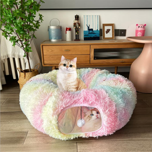 Fuzzy Cat Tunnel Bed for Indoor Cats, 2-in-1 Interactive Cat Toys