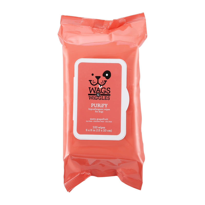 Wags & Wiggles Purify Hypoallergenic Dog Wipes for Sensitive Skin, Paw and Body Grooming Wipes with Gentle Plant Based Formula for Everyday Cleaning, Zesty Grapefruit Scent, 100 Count