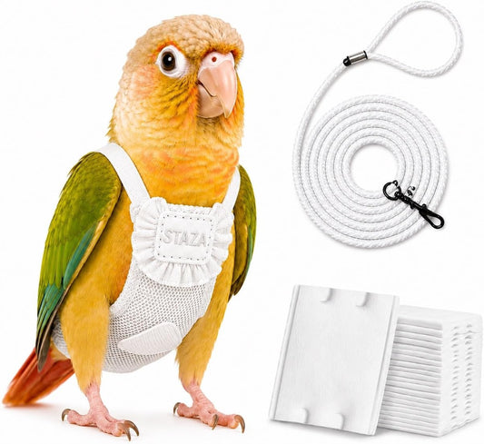 Bird Diaper Clothes Set with Leash and Absorbent Pads, Reusable Parrot Flight Suit Outfit for Cockatiel Conure Budgie