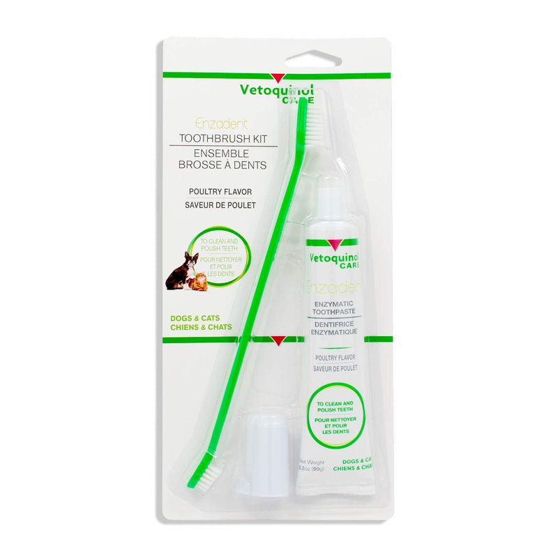 Vetoquinol Enzadent Enzymatic Toothpaste Kit + Fingerbrush & Dual-End Toothbrush for Cats & Dogs – 3.2 oz, Poultry Flavor – Oral Dental Care Kit: Removes Plaque, Polishes Teeth & Freshens Breath