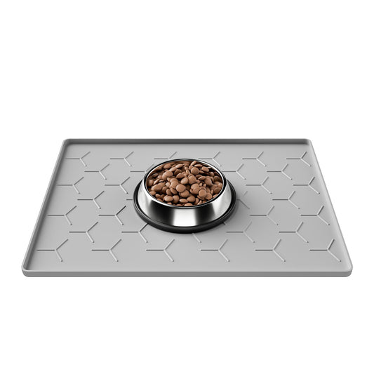 Pieviev 16''x12'' Dog Cat Food Bowl Mat, Silicone Waterproof Food Grade Pet Food Mat for Floor, High Raised Edge to Prevent Spills, Non-Slip & Easy Clean Pet Placemat for Dog & Cat Bowls, Light Gray