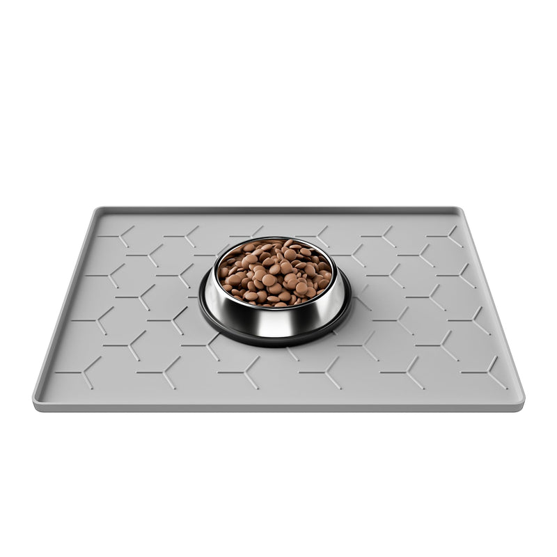 Pieviev 16''x12'' Dog Cat Food Bowl Mat, Silicone Waterproof Food Grade Pet Food Mat for Floor, High Raised Edge to Prevent Spills, Non-Slip & Easy Clean Pet Placemat for Dog & Cat Bowls, Light Gray