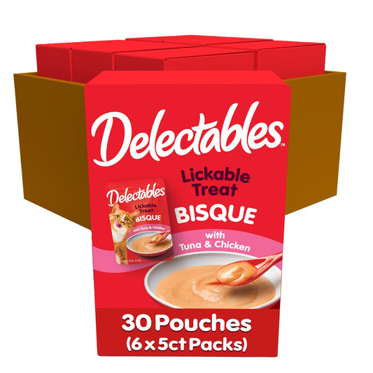 Delectables Lickable Treat Bisque Non-Seafood Wet Cat Treat with Real Tuna & Chicken, Food Topper, Hydrating, Grain-Free, No Fillers, By-Products, Added Preservatives, 1.4oz Pouch, 30ct