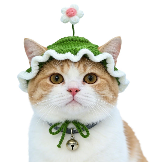 floofelove Flower Cat Hat, Cotton & Soft Cute Knitted Hats for Cats Birthday Party Spring Puppy Hat for Small Pets (Green,M)