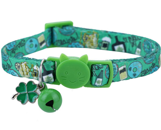 BoomBone St Patricks Day Cat Collar with Bell and Shamrocks Charm,Breakaway Small Dog Collar