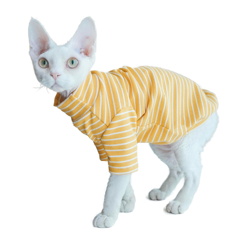 Sphynx Cats Warm Fleece Shirt Cat Turtleneck Undershirt Thermal Hairless Cat Clothes for Sphynx, Devon, Cornish Cat Clothes and Small Kitten and Dogs (Yellow Bold Stripe, X-Large)