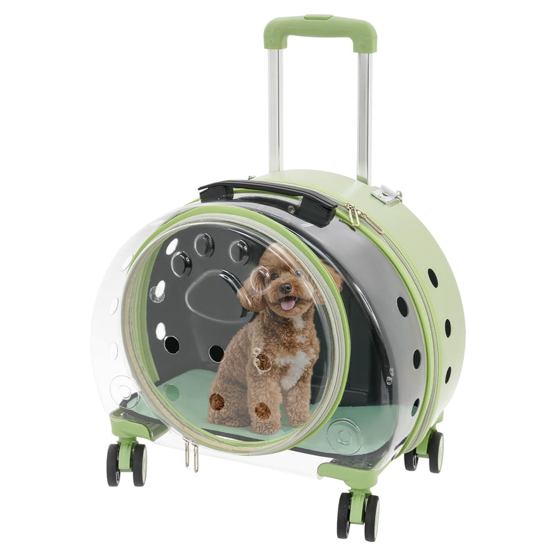 Transparent Bubble Pet Carrier with Wheels, Breathable Cat Dog Travel Carrier with 3-Stage Handle & Removable Strap, Portable Trolley Case with Ventilation for Small Dogs & Cats (Green)